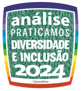 A rainbow colored badge with the words `` análise praticamos diversidade e inclusão '' written on it.