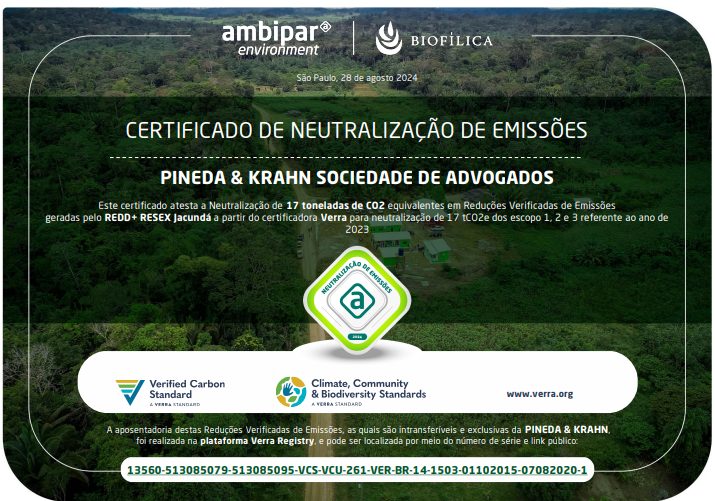 A certificate that says ' certificado de neutralizacao de emissoes pineda & kraus sociedade de advogados ' on it