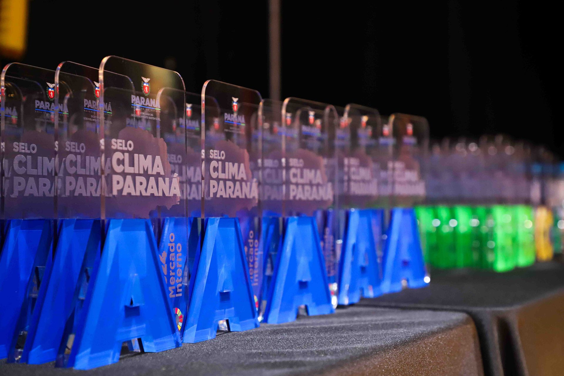 Uma fileira de troféus estão alinhados sobre uma mesa.